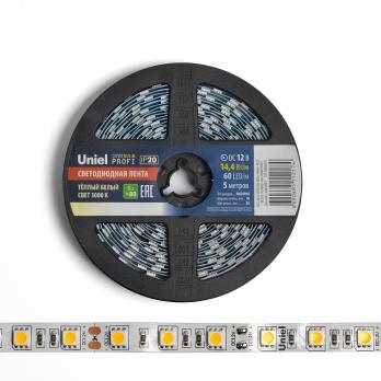 ULS-M25-5050-60LED-m-10mm-IP20-DC12V-14.4W-m-5M-3000K PROFI Гибкая светодиодная лента на самоклеящейся основе. Катушка 5м. в герметичной упаковке. Теплый белый свет3000К. ТМ Uniel.