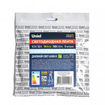 ULS-M14-2835-168LED-m-10mm-IP20-DC12V-14W-m-5M-6500K PROFI Гибкая светодиодная лента на самоклеящейся основе. Катушка 5м. в герметичной упаковке. Дневной свет 6500K. ТМ Uniel.