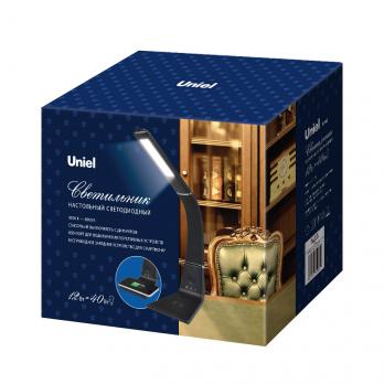 TLD-565 Black-LED-360Lm-3000-6000K-Dimmer-WR Светильник настольный. 12W. Сенсорный выключатель. Диммер. Беспроводное зарядное устройство. Черный. ТМ Uniel