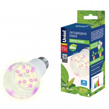 LED-A60-15W-SPFB-E27-CL PLP30WH Лампа светодиодная для растений. Форма A. прозрачная. Спектр для фотосинтеза. Картон. ТМ Uniel LED-A60-15W-SPFB-E27-CL PLP30WH Лампа светодиодная для растений. Форма A. прозрачная. Спектр для фотосинтеза. Картон. ТМ Uniel