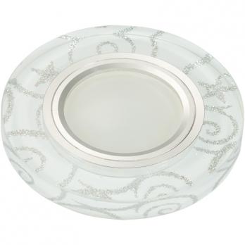 DLS-L202 GU5.3 CHROME-WHITE Светильник декоративный встраиваемый. серия Luciole. Без лампы. Доп.подсветка 3Вт. Металл. цвет хром. Отделка стекло белое с серебром. ТМ Fametto.