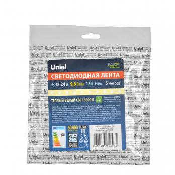 ULS-2835-120LED-m-8mm-IP20-DC24V-9.6W-m-5M-3000K Гибкая светодиодная лента на самоклеящейся основе. Катушка 5 м. в герметичной упаковке. Белый свет 3000K. ТМ Uniel.
