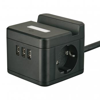 S-GCD2-1.5SBUH BLACK Удлинитель серии Standard. с-з. шнур 1.5м. 2 гнезда. 3 USB. 16А. держатель для телефона. Черный. ТМ Uniel