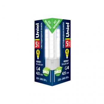 LED-JC-220-5W-4000K-G4-CL GLZ09TR Лампа светодиодная. прозрачная. Белый свет 4000К. Картон. ТМ Uniel.