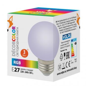 LED-G60-3W-RGB-E27-FR-С Лампа декоративная светодиодная. Форма шар. матовая. Цвет RGB. Картон. ТМ Volpe.